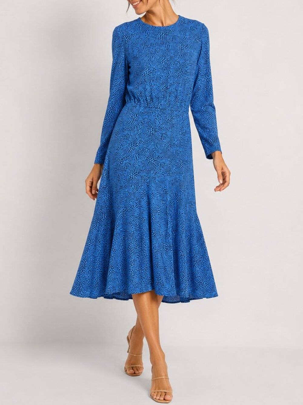 VTG Diane Von Furstenberg DVF Blue Black Print Midi Dress Ruffle Hem Long Sleeve